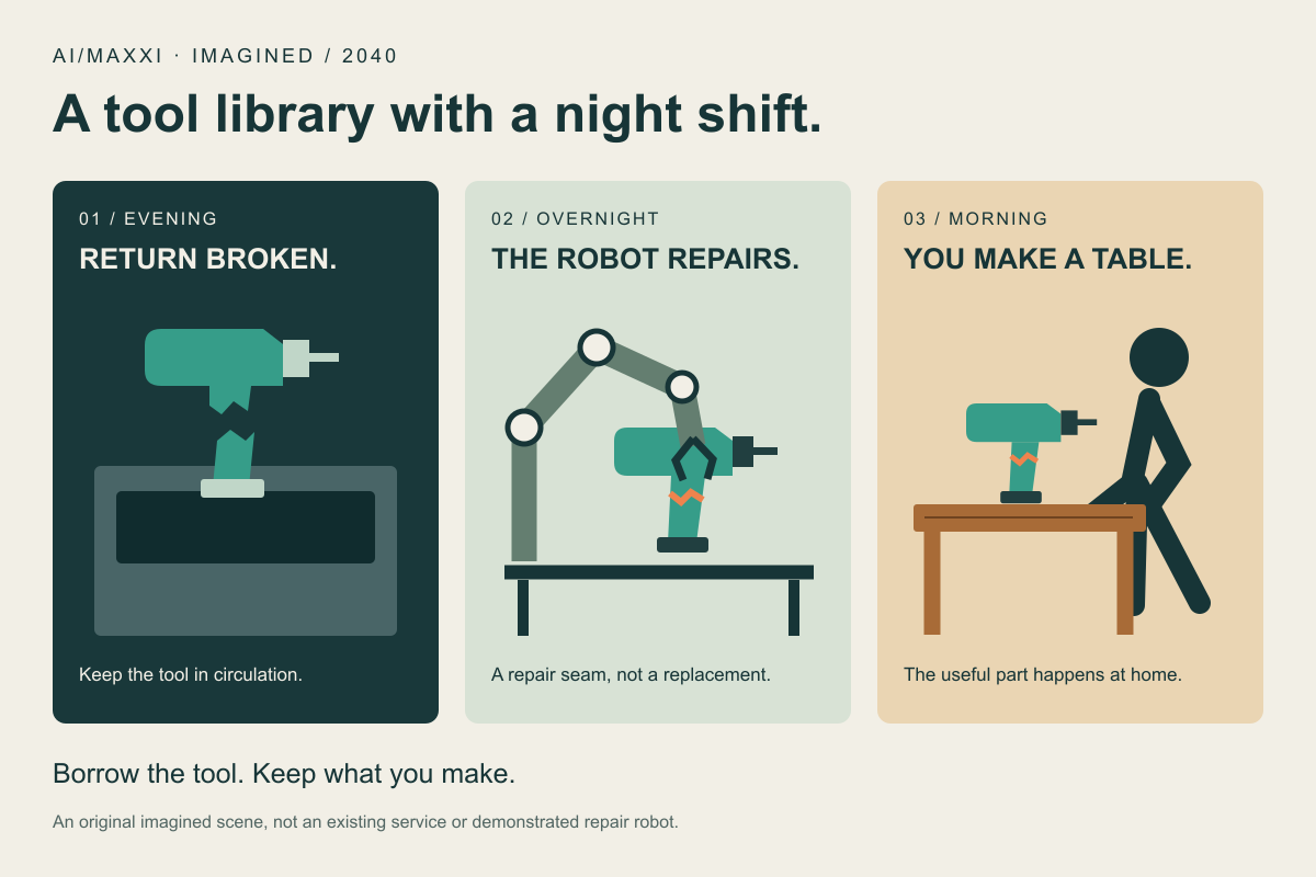 Three imagined scenes: a broken teal drill returned in the evening, a robot repairing it overnight, and a person using the repaired drill to make a table in the morning.